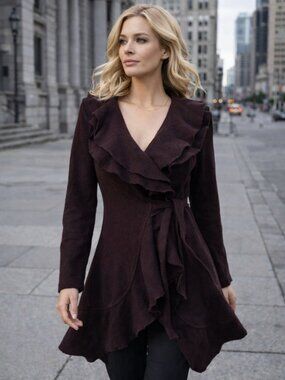 Willi Smith Wool Blend Ruffle Wrap Coat Brown Boho Midi Jacket M